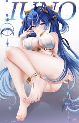 1girl ahoge alternate_costume ass bare_legs bare_shoulders barefoot blue_eyes blue_hair breasts chromatic_aberration cleavage commentary english_commentary feet fingernails hand_up head_wreath highres hollow_mimikyu iuno_(wuthering_waves) jewelry large_breasts legs light_blush long_hair looking_at_viewer parted_lips smile solo tacet_mark_(wuthering_waves) thighlet thighs toes twintails very_long_hair wuthering_waves