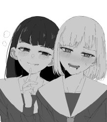 2girls absurdres aria_(vampeerz) bite_mark blush carrot_011 closed_mouth collarbone commentary english_commentary fangs greyscale highres ichika_(vampeerz) licking_blood licking_lips looking_at_another monochrome multiple_girls open_mouth school_uniform serafuku short_hair sketch sweat teeth tongue tongue_out vampeerz vampire yuri