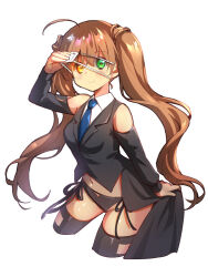 1girl ahoge arm_up bare_shoulders black_panties black_ribbon black_suit blue_necktie blush breasts brown_hair chinese_commentary closed_mouth collared_shirt commentary cosplay cowboy_shot crossed_bangs eyepatch eyepatch_pull floating_hair formal_clothes green_eyes hair_between_eyes kanbe_kotori lliissaawwuu2 long_hair long_sleeves looking_at_viewer medium_breasts nakatsu_shizuru nakatsu_shizuru_(cosplay) navel necktie panties pulling_own_clothes rewrite ribbon shiny_skin shirt side-tie_panties sidelocks simple_background smile solo standing suit thighs twintails underwear very_long_hair wavy_hair white_background white_shirt yellow_eyes