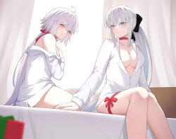 2girls absurdres bare_shoulders black_bow blue_eyes blush bow braid breasts choker cleavage collared_shirt fate/grand_order fate_(series) grey_hair grin hair_bow highres jeanne_d&#039;arc_alter_(fate) large_breasts long_hair long_sleeves looking_at_viewer morgan_le_fay_(fate) multiple_girls natu_zame ponytail shirt sidelocks sitting smile thighs very_long_hair yellow_eyes