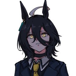 Rule 34 | 1girl, ahoge, alternate hair length, alternate hairstyle, animal ears, black coat, black hair, black shirt, coat, collared shirt, contrast collar, ear tag, earrings, hair between eyes, horse ears, horse girl, jewelry, long bangs, long hair between eyes, long sleeves, manhattan cafe (umamusume), medium hair, metal jumper513, multicolored hair, necktie, parted lips, shirt, simple background, single earring, smile, solo, umamusume, white background, white hair, wolf cut, yellow eyes, yellow necktie