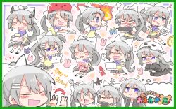 Rule 34 | 1girl, :d, arrow (symbol), blush, blush stickers, border, bow, chibi, closed eyes, eighth note, fang, fire, green border, grey hair, gun, hair between eyes, hair bow, hair ornament, hairclip, higuchi kaede, higuchi kaede (1st costume), higuchi kaede (3rd costume), holding, holding gun, holding weapon, horns, multiple views, musical note, nijisanji, nose blush, open mouth, ponytail, rebecca (keinelove), smile, sparkle, torch, v-shaped eyebrows, virtual youtuber, weapon, white bow, | |