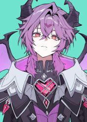 Rule 34 | 1boy, absurdres, aqua background, black capelet, black coat, black horns, bright pupils, capelet, chest jewel, chypuragy, cleavage cutout, closed mouth, clothing cutout, coat, collar, cracked gemstone, crossed bangs, crystal, dragon boy, dragon horns, dragon wings, expressionless, facial mark, forehead mark, gem, genshin impact, hair between eyes, heart-shaped gem, highres, horns, looking at viewer, male focus, mandarin collar, mini durin (genshin impact), mini durin (human) (genshin impact), open clothes, open coat, orange eyes, pink collar, pink gemstone, pink hair, pink wings, purple vest, red gemstone, slit pupils, solo, spiked horns, spiked wings, two-sided collar, upper body, vest, white collar, white pupils, wings