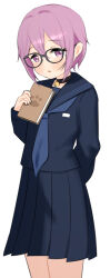 Rule 34 | 1girl, arm behind back, black-framed eyewear, black choker, black shirt, black skirt, book, choker, cowboy shot, female focus, glasses, holding, holding book, kai-o, long sleeves, looking at viewer, neck bell, original, pleated skirt, purple eyes, purple hair, school uniform, serafuku, shirt, short hair, sidelocks, simple background, skirt, solo, standing, white background
