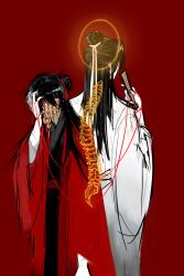 2boys back-to-back bags_under_eyes black_hair black_hanfu black_nails ch189615 chinese_clothes chinese_commentary coat coin coin_mask dao_gui_yi_xian facing_away folded_fan folding_fan hair_bun hair_ribbon half_updo halo hand_fan hand_on_own_head hand_up hanfu height_difference highres holding holding_fan holed_coin li_huowang long_hair long_sleeves male_focus mask mouth_veil multiple_boys nail_polish red_background red_coat red_eyes red_ribbon red_theme ribbon robe scar scar_on_arm see-through_body simple_background single_hair_bun spine standing string string_of_fate veil white_hanfu white_ribbon wide_sleeves yaoi zhuge_yuan