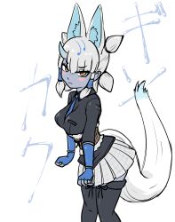1girl absurdres animal_ears belt black_fur black_shirt black_thighhighs blue_gloves blue_necktie blue_skin blush bracelet brown_belt collared_shirt colored_skin cowboy_shot elbow_gloves extra_ears fingerless_gloves fox_ears fox_girl fox_tail fur_trim ginkaku_(kemono_friends) gloves grey_skirt hair_between_eyes hair_tubes highres horns jewelry kemono_friends long_sleeves looking_at_viewer necktie nokemono-san_(bocchi_friend) plaid_clothes plaid_skirt pleated_skirt quad_tails shirt short_hair short_twintails sidelocks single_horn skirt solo tail thighhighs translation_request twintails white_fur yellow_eyes zettai_ryouiki