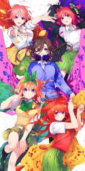 Rule 34 | 5girls, ahoge, arms up, black jacket, black pantyhose, black socks, blue petals, blue sweater, blue sweater vest, blue vest, blush, bow, bowtie, breasts, brown hair, butterfly hair ornament, cloak, closed eyes, clothes around waist, collar, collarbone, dot nose, female focus, full body, go-toubun no hanayome, grabbing clothes, green bow, green bowtie, green cloak, green petals, green ribbon, green skirt, hair between eyes, hair bow, hair ornament, hair ribbon, haruba negi, headphones, headphones around neck, highres, jacket, jacket around waist, kneehighs, large breasts, legs, long hair, long sleeves, looking back, lying, miniskirt, multiple girls, nakano ichika, nakano itsuki, nakano miku, nakano nino, nakano yotsuba, official art, on back, on side, open clothes, open mouth, orange hair, pantyhose, petals, pink cloak, pink hair, pink petals, pleated skirt, purple cloak, purple eyes, quintuplets, red cloak, red hair, red petals, red sweater, red sweater vest, ribbon, shirt, short hair, shorts, siblings, simple background, sisters, skirt, smile, socks, star (symbol), star hair ornament, stitched, sweater, sweater vest, thighhighs, thighs, third-party edit, vest, white background, white shirt, white thighhighs, yellow cloak, yellow jacket, yellow petals, yellow sweater, yellow sweater vest, yellow vest, zettai ryouiki