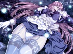 1girl apron blue_dress breasts closed_eyes clothes_lift dress dress_lift dutch_angle female_focus frills game_cg garter_belt garter_straps gloves glowing lace lace-trimmed_legwear lace_trim long_hair lycoris_radiata lying maid maid_apron maid_headdress on_back open_mouth panties red_hair rock solo thighhighs tsuzuri_(lycoris_radiata) underwear very_long_hair white_gloves white_panties white_thighhighs yokota_mamoru