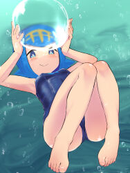 1girl arms_up barefoot blue_eyes blue_hair blush breasts bright_pupils bubble cameltoe erogomatinpo freckles full_body highres lana_(pokemon) loli looking_at_viewer medium_hair nintendo one-piece_swimsuit pokemon pokemon_sm small_breasts smile solo swimsuit underwear