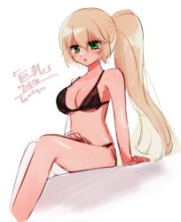 1girl bikini black_bikini blonde_hair breasts cropped_legs high_ponytail highres large_breasts long_hair looking_at_viewer mahou_shoujo_madoka_magica mahou_shoujo_oriko_magica mikuni_oriko navel ponytail rairai_(light) side_ponytail sitting solo swimsuit very_long_hair white_background