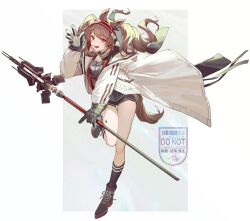 Rule 34 | 1girl, angelina (arknights), animal ears, arknights, black collar, black gloves, black shoes, black shorts, black socks, brown hair, coat, collar, commentary, dot nose, earpiece, floating clothes, floating hair, fox ears, fox girl, fox tail, full body, geta (epicure no12), gloves, hairband, hand up, highres, holding, holding staff, infection monitor (arknights), jacket, kneehighs, layered shirt, long hair, long sleeves, looking at viewer, material growth, open clothes, open coat, open jacket, open mouth, oripathy lesion (arknights), red eyes, red hairband, red jacket, shoes, short shorts, shorts, sidelocks, smile, socks, solo, staff, striped clothes, striped hairband, tail, twintails, two-tone hairband, white coat