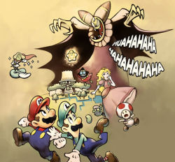 2girls 6+boys @_@ beans bean_star blonde_hair cackletta cape castle dress facial_hair fawful food hard-translated hat landscape laughing looking_back lowres luigi mario mario_&amp;_luigi_rpg mario_(series) multiple_boys multiple_girls mustache nintendo official_art popple prince prince_peasley princess princess_peach riding running sparkle super_mario_bros._1 superstar_saga third-party_edit toad_(mario) translated tree water