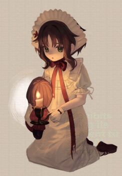 Rule 34 | 1girl, :o, black shoes, bow, brown hair, candle, candlelight, candlestand, chin strap, doll, dress, eagle (reverse:1999), eagle (the sixth sense) (reverse:1999), frilled hairband, frills, full body, gloves, green eyes, grey background, hairband, highres, holding, holding candlestand, holding doll, kneeling, long dress, looking at viewer, official alternate costume, puffy short sleeves, puffy sleeves, red bow, reverse:1999, shoes, short hair, short sleeves, solo, watermark, white dress, white gloves, white hairband, xjsbca