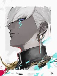 1boy aqua_eyes closed_mouth colored_skin cropped_shoulders earrings facial_mark fate/grand_order fate_(series) grey_skin indra_(fate) jewelry lightning_bolt_facial_mark looking_ahead male_focus piercing profile savamisooon short_hair short_sideburns smile solo white_hair