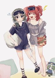 2girls alternate_costume black_eyes black_shirt black_shorts casual chips_(food) commentary doll eating eik_s2 food full_body glass green_hair grey_background grey_shorts hair_bobbles hair_ornament hand_on_another&#039;s_shoulder highres holding holding_food multiple_girls one_eye_closed onozuka_komachi pajamas pillow red_eyes red_hair shiki_eiki shirt short_hair short_sleeves shorts simple_background sleep_mask standing touhou two_side_up