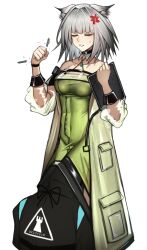 1girl 1other anger_vein angry animal_ear_fluff animal_ears arknights bare_shoulders black_jacket breasts broken cigaros clenched_teeth clipboard closed_eyes clothes_writing collarbone commentary_request covered_navel doctor_(arknights) halterneck holding holding_clipboard hood hood_up hooded_jacket jacket kal&#039;tsit_(arknights) long_sleeves medium_breasts off_shoulder partial_commentary pen see-through_clothes see-through_sleeves short_hair simple_background smelling standing sweatdrop teeth white_background white_hair