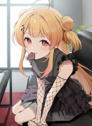 1girl ahoge black_dress blonde_hair blush chocolate couch detached_sleeves double_bun dress fishnet_sleeves fishnets food_in_mouth fortissimo hair_bun hair_ornament hair_ribbon highres hololive hololive_dev_is indoors long_hair looking_at_viewer mitohas musical_note musical_note_hair_ornament on_couch otonose_kanade piano_keys piano_print plant potted_plant red_eyes red_ribbon ribbon skirt smile solo table twintails virtual_youtuber