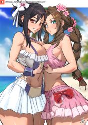 Rule 34 | 2girls, aerith gainsborough, aerith gainsborough (pink mermaid), bikini, bikini skirt, braid, braided ponytail, breast press, breasts, final fantasy, final fantasy vii, final fantasy vii rebirth, final fantasy vii remake, flower, frilled bikini, frills, hair flower, hair ornament, highres, large breasts, multiple girls, official alternate costume, official alternate hairstyle, pink bikini, smile, swimsuit, symmetrical docking, tifa lockhart, tifa lockhart (shining spirit), wristband, xhaart