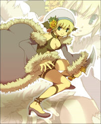 1girl bad_id black_shorts black_tank_top blonde_hair breasts cape cleavage closed_mouth clothing_cutout dagger detached_sleeves full_body fur-trimmed_cape fur-trimmed_sleeves fur_trim green_eyes grey_cape grey_shoes grey_sleeves hat high_heels holding holding_dagger holding_knife holding_weapon knife lala_(sputnik) looking_at_viewer medium_breasts ragnarok_online shoes short_hair short_shorts shorts smile solo squatting stalker_(ragnarok_online) stomach_cutout tam_(ragnarok_online) tank_top waist_cape weapon white_hat zoom_layer