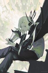 1girl absurdres black_coat black_horns black_pants closed_mouth coat highres holding holding_lantern horns lantern long_hair original pants ponytail shirt single_horn sitting solo sorrowny stairs white_hair white_shirt