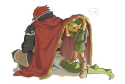 Rule 34 | 2boys, armor, arms up, backlighting, bandaged tail, bare arms, belt, black jacket, blonde hair, blue eyes, boots, cape lift, commentary, fringe trim, from behind, ganondorf, green headwear, green tail, green tunic, grey pants, grrr0111, hat, height difference, indian style, jacket, knee boots, knee guards, link, lizard tail, looking down, male focus, multiple boys, nintendo, open mouth, pants, pauldrons, pointy ears, pointy nose, red hair, short hair, short sleeves, shoulder armor, simple background, sitting, standing, symbol-only commentary, tail, the legend of zelda, tunic, white background