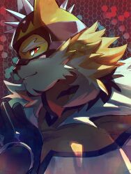 1boy absurdres bara black_gloves furry furry_male gloves hagiography highres live_a_hero looking_at_viewer male_focus mask parted_lips pectorals red_eyes ryekie_(live_a_hero) solo tiger_boy upper_body