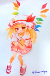 1girl ascot blonde_hair crystal crystal_wings flandre_scarlet full_body hat hat_ribbon looking_at_viewer mary_janes mob_cap open_mouth puffy_short_sleeves puffy_sleeves red_eyes red_vest ribbon shirt shoes short_sleeves side_ponytail simple_background skirt smile solo touhou traditional_media vest voyager_(user_yrzv4324) watercolor_pencil_(medium) wings yellow_ascot