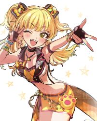 Rule 34 | 1girl, blonde hair, blush, bracelet, breasts, crop top, fingerless gloves, gloves, green eyes, highres, idolmaster, idolmaster cinderella girls, jewelry, jougasaki rika, long hair, looking at viewer, miniskirt, navel, one eye closed, open mouth, skirt, small breasts, smile, solo, star (symbol), two side up, v, yuzuhota0313
