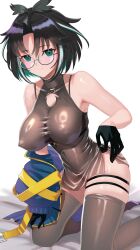 Rule 34 | 1girl, black gloves, black hair, blue eyes, blue hair, blue jacket, blush, breasts, buren, closed mouth, covered erect nipples, covered navel, curtained hair, dress, full body, gloves, grey dress, grey thighhighs, highres, jacket, large breasts, looking at viewer, multicolored hair, nanashi inc., nipples, no panties, oura rukako, oura rukako (2nd costume), short dress, short hair, sleeveless, sleeveless dress, smile, solo, streaked hair, thigh strap, thighhighs, unworn jacket, virtual youtuber, white hair