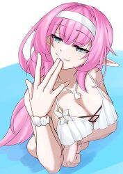 1girl absurdres bare_shoulders bikini blue_eyes breasts cleavage commentary_request elf elysia_(honkai_impact) elysia_(miss_pink_elf)_(honkai_impact) elysia_(summer_miss_elf)_(honkai_impact) hairband highres honkai_(series) honkai_impact_3rd jewelry korean_commentary large_breasts long_hair necklace official_alternate_costume partially_submerged pink_hair pointy_ears pyeong_il shell shell_necklace smile solo swimsuit white_bikini white_hairband