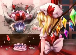 2girls arrow_(symbol) bat_wings blonde_hair blue_hair bow bug crack failure flandre_scarlet fly hat unworn_headwear bug maru_daizu_(aqua6233) multiple_girls remilia_scarlet ribbon short_hair side_ponytail sketch touhou upside-down wings