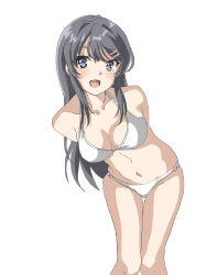 Rule 34 | 1girl, arms behind back, bikini, breasts, cleavage, collarbone, commentary, grey hair, hair ornament, hairclip, hal-py, halterneck, leaning forward, long hair, looking at viewer, navel, open mouth, parallel hairclips, sakurajima mai, seishun buta yarou, simple background, solo, swimsuit, white background, white bikini