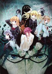 1boy 6+girls absurdres ahoge arimura_hinae black_dress black_hair black_ribbon blonde_hair blue_eyes blue_hair bow bowtie breasts brown_hair buttons chaos;child chest_bow cleavage closed_eyes collarbone cropped_jacket double-breasted dress ears_visible_through_hair floating_hair glasses hair_between_eyes hair_bow hair_ribbon hand_in_own_hair headphones hekiho_academy hekiho_academy_school_uniform high_collar highres holding jacket kazuki_hana kunosato_mio kurusu_nono lab_coat loafers long_hair looking_at_viewer looking_up medium_breasts minamisawa_senri miyashiro_takuru multiple_girls multiple_hair_bows necktie nude official_art onoe_serika orange_hair pink_hair pleated_dress ponytail purple_eyes purple_hair red_bow red_bowtie red_eyes red_necktie red_ribbon ribbon sailor_collar sasaki_mutsumi school_uniform shibuya_(tokyo) shibuya_109 shirt shoes short_dress short_hair short_hair_with_long_locks side_ponytail sidelocks small_breasts split_mouth thighhighs tokyo_(city) twintails very_long_hair white_bow white_ribbon white_sailor_collar white_thighhighs yamazoe_uki zettai_ryouiki