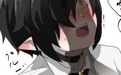 Rule 34 | 1boy, black choker, black hair, blush, choker, collared shirt, commentary request, datenshi no fu, despair god morroc, ear blush, hair over one eye, highres, male focus, open mouth, pointy ears, ragnarok masters, ragnarok online, shadow, shirt, short hair, simple background, solo, teeth, upper body, white background, white shirt, yellow eyes