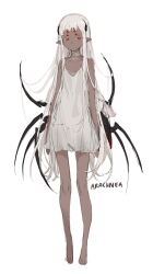 1girl arthropod_girl arthropod_limbs barefoot blunt_bangs collar contrapposto dark-skinned_female dark_skin dress extra_arms extra_eyes full_body hair_over_shoulder highres horns insect_girl long_hair looking_at_viewer nightgown original pointy_ears red_eyes sidelocks simple_background solo spaghetti_strap spider_girl very_long_hair white_background white_dress white_hair yoimon