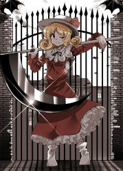 1girl ;) bat_(animal) black_eyes black_ribbon blonde_hair closed_mouth dress e.o. elly_(touhou) female_focus full_body gate glint hat hat_ribbon highres holding holding_weapon long_sleeves looking_at_viewer neck_ribbon one_eye_closed over_shoulder red_dress red_ribbon ribbon scythe short_hair smile solo standing touhou touhou_(pc-98) weapon weapon_over_shoulder white_hat