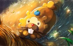 berry_(pokemon) bidoof brown_eyes commentary_request creatures_(company) game_freak gen_4_pokemon leaf looking_at_viewer mouth_hold nintendo no_humans oran_berry outdoors pokemon pokemon_(creature) signature skarameru solo stick water