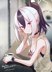 Rule 34 | 1girl, black choker, black hair, black horns, blue archive, blurry, blurry background, breasts, brown shirt, choker, cleavage, coffee, coffee mug, commentary request, commission, cross, cross choker, cup, demon horns, grey hair, halo, hand on own cheek, hand on own face, horns, kayoko (blue archive), looking at viewer, medium breasts, mug, multicolored hair, ponytail, quatraise, red eyes, shirt, sitting, skeb commission, solo, translation request, two-tone hair, wrist belt