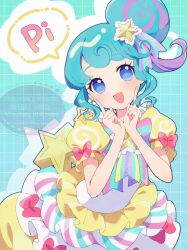 Rule 34 | :d, aqua background, aqua hair, artist name, blue eyes, bow, copyright notice, cowboy shot, curly sidelocks, dot nose, dress, dress bow, finger to cheek, grid background, hair bun, hair ornament, hands up, haru (haru1bc6c4), highres, index finger raised, layered dress, looking at viewer, medium hair, multicolored hair, no pupils, open mouth, pink bow, pinon (pripara), pretty series, pripara, puffy sleeves, purple hair, smile, speech bubble, star (symbol), star hair ornament, streaked hair, twitter username, two-tone hair, watermark, yellow dress