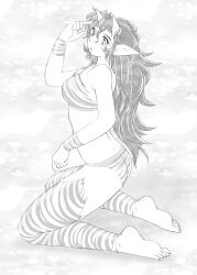 1girl absurdres animal_print bikini breasts demon_girl demon_horns ear_piercing from_behind full_body greyscale highres horns kneeling long_hair monochrome oni original piercing pointy_ears print_bikini print_thighhighs shirokuro_jakko soles solo swimsuit thighhighs tiger_print