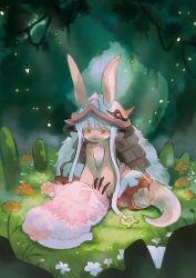 1other :3 alpaca_carlesi animal_ears body_fur claws colored_eyelashes commentary creature english_commentary fangs furry grass helmet highres horizontal_pupils long_hair made_in_abyss mitty_(made_in_abyss) mushroom nanachi_(made_in_abyss) open_mouth outdoors pants puffy_pants rabbit_ears red_helmet red_pants tail whiskers white_hair yellow_eyes