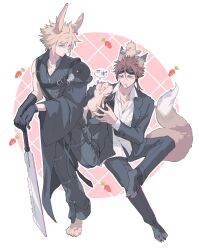 2boys animal animal_ears animal_hands animal_on_head aqua_eyes armor barefoot bird bird_on_head black_gloves black_jacket black_pants black_sleeves black_suit black_vest blonde_hair border chocobo cigarette cloud_strife collared_shirt earrings facial_mark fenrir_(final_fantasy) final_fantasy final_fantasy_vii final_fantasy_vii_advent_children first_ken formal_clothes fox_boy fox_ears fox_tail fusion_swords gloves goggles goggles_on_head hair_between_eyes highres holding holding_another&#039;s_foot holding_sword holding_weapon interlocked_fingers jacket jewelry low_ponytail male_focus multiple_boys on_head pants pink_background pokashi ponytail popped_collar rabbit_ears rabbit_paws reno_(ff7) shirt short_hair short_hair_with_long_locks shoulder_armor single_bare_shoulder single_earring single_shoulder_pad single_sleeve spiked_hair suit suit_jacket sword tail vest weapon white_border white_shirt