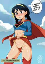 1girl absurdres black_eyes black_hair blush braid clothes_lift cosplay cotonus crop_top dc_comics english_text furrowed_brow headband highres long_sleeves medium_hair nervous panties roberta_lee signature skirt skirt_lift sky smile solo speech_bubble superman superman_(cosplay) superman_(series) superman_smashes_the_klan sweatdrop teeth thighhighs twin_braids underwear