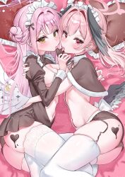 2girls alternate_costume apron ass asymmetrical_docking back_bow bed_sheet black_bow black_choker black_wings blue_archive blunt_bangs blush bow breast_press breasts brown_capelet brown_skirt candy capelet chocolate chocolate_heart choker commentary detached_collar enmaided eyelashes feathered_wings feet_out_of_frame food frilled_pillow frills furrowed_brow garter_straps hair_between_eyes hair_bow hair_bun hair_intakes halo happy_valentine head_wings heart heart-shaped_food heart-shaped_pillow highres hug juliet_sleeves koharu_(blue_archive) large_breasts licking long_hair long_sleeves looking_at_viewer low_wings lying maid maid_apron maid_headdress mika_(blue_archive) miniskirt multiple_girls navel no_headwear on_side panties pillow pink_hair pink_halo pleated_skirt puffy_sleeves red_eyes ribbon single_side_bun skindentation skirt small_breasts thighhighs thighs tongue tongue_out twintails underwear valentine wfa5051 white_bow white_panties white_ribbon white_thighhighs white_wings wings yellow_eyes