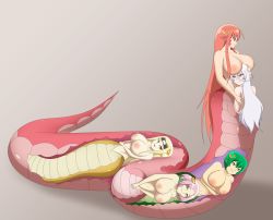 4girls absurdres blonde_hair breasts green_hair headband highres lamia large_breasts long_hair maru_(monster_musume) miia_(monster_musume) monster_girl monster_musume_no_iru_nichijou monster_musume_no_oisha-san multiple_girls nipples pink_hair red_hair sanka_(monster_musume) saphentite_neikes shequa_(monster_musume) short_hair smile unbirthing vore white_hair yuri