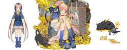 1girl animalization arknights bird black_cat blue_footwear blue_hair blue_headwear blue_shirt blue_socks bluebird cameo cat ceylon_(arknights) chinese_text double_bun feather_hair full_body hair_bun hat head_rest heart highres knees_up leaf long_hair long_sleeves looking_at_viewer multicolored_hair one_eye_closed parted_lips pink_hair pink_skirt pleated_skirt qingpu_liang schwarz_(arknights) shirt shoes sitting skirt smile socks speech_bubble sticker streaked_hair stretching suitcase two-tone_hair watermark weibo_watermark white_background yellow_eyes