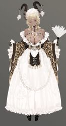 Rule 34 | 1girl, absurdres, alternate costume, animal print, azur lane, bare shoulders, black gloves, black horns, blush, braid, breasts, curled horns, dishwasher1910, dress, gloves, highres, horn ornament, horns, huge breasts, leopard print, long hair, looking at viewer, manjuu (azur lane), mole, mole under mouth, one eye closed, owari (azur lane), parted lips, simple background, smile, solo, thighs, twin braids, white background, white dress, yellow eyes