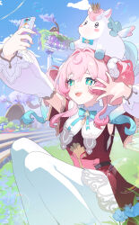 1girl absurdres animal animal_on_head aqua_bow aqua_bowtie aqua_eyes aqua_hair blue_sky bow bowtie bubble commentary dress drill_hair hat highres holding holding_phone honkai:_star_rail honkai_(series) hyacine_(honkai:_star_rail) little_ica_(honkai:_star_rail) malyn_official multicolored_hair on_head open_mouth pantyhose pegasus phone pink_hair red_dress red_hat selfie sky symbol-only_commentary twin_drills two-tone_hair white_pantyhose