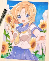 1girl :d art_tools_in_frame bad_id bad_twitter_id blue_eyes blue_sailor_collar blue_skirt blunt_ends blush breasts cloud cowboy_shot day flower highres higurashi_no_naku_koro_ni looking_at_viewer medium_breasts necktie niyane open_mouth orange_hair outdoors outstretched_arm parted_bangs pleated_skirt ryuuguu_rena sailor_collar school_uniform serafuku shirt short_hair short_sleeves signature skirt smile solo sunflower traditional_media white_shirt yellow_necktie