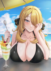 1girl absurdres beach beach_umbrella bikini black_bikini blonde_hair blush breasts cherry cleavage cloud collarbone cynthia_(pokemon) day female_focus food fruit grey_eyes hair_ornament hair_over_one_eye head_on_hand highres holding holding_spoon ice_cream large_breasts long_hair looking_at_viewer nintendo ocean outdoors pokemon pokemon_dppt shade sky smile solo spoon sundae swimsuit table umbrella water zatma0041